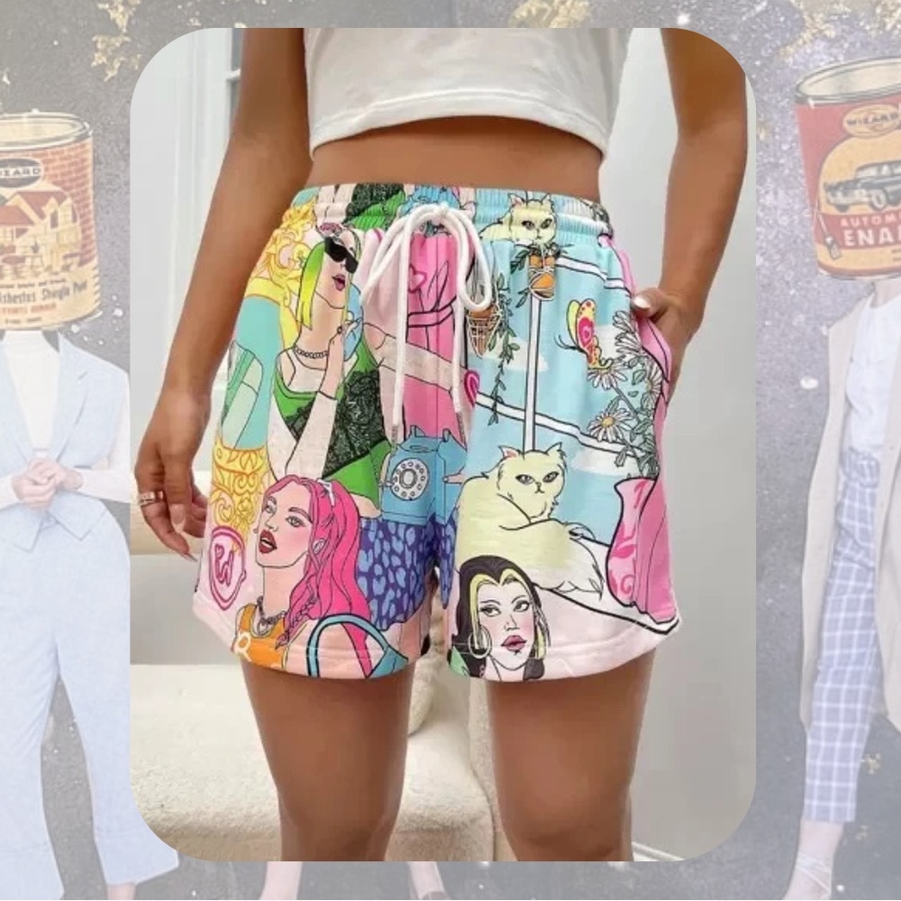 Multicolor high waist retro Y2K abstract drawstring comfy shorts